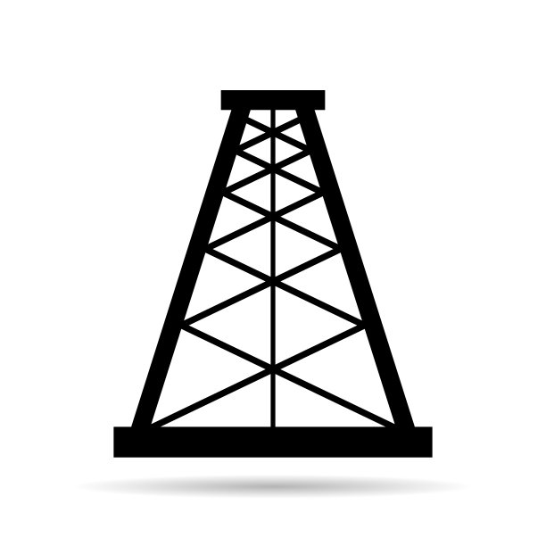 石油钻井平台平面图形阴影图标，燃料平台工业塔气标志，矢量插图图片下载