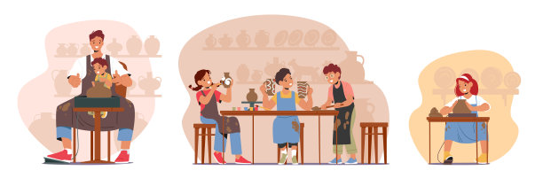 儿童角色参与制陶艺术，探索创意，用手塑造粘土图片下载