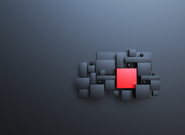 抽象背景黑色立方体一个红色图片下载