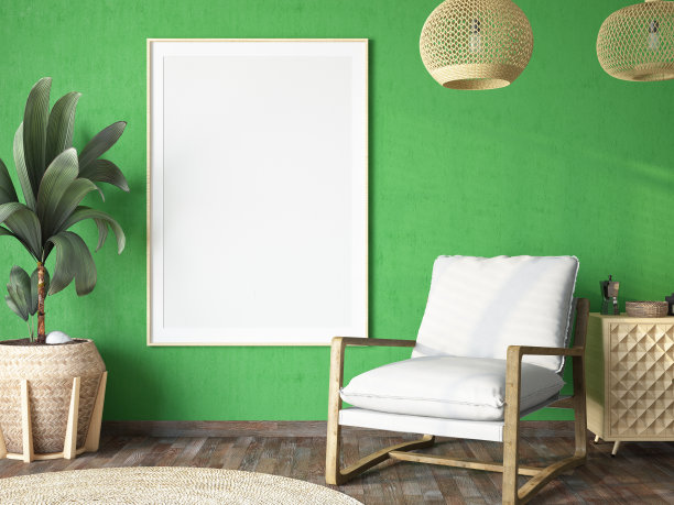 舒适的客厅室内有绿色的墙和空的模拟相框图片下载