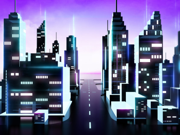 风格化的未来城市在紫色和蓝色的色调。元宇宙背景概念图片下载