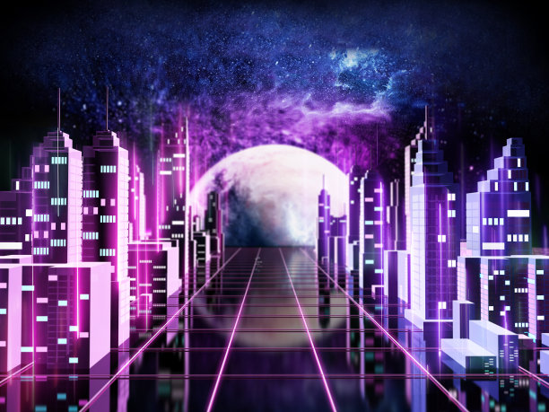 程式化的未来主义城市对一个通用的外星行星和天空的夜晚背景在紫色和蓝色的色调。元宇宙背景概念。图片下载