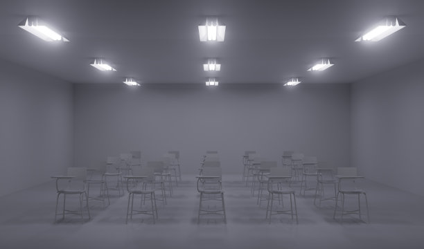 概念三维插图单色斯塔克教室与荧光灯灯具图片下载