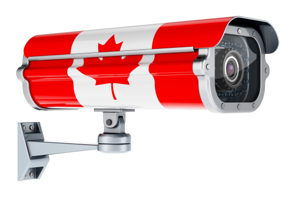 带有加拿大国旗的监控摄像头。三维渲染图片下载