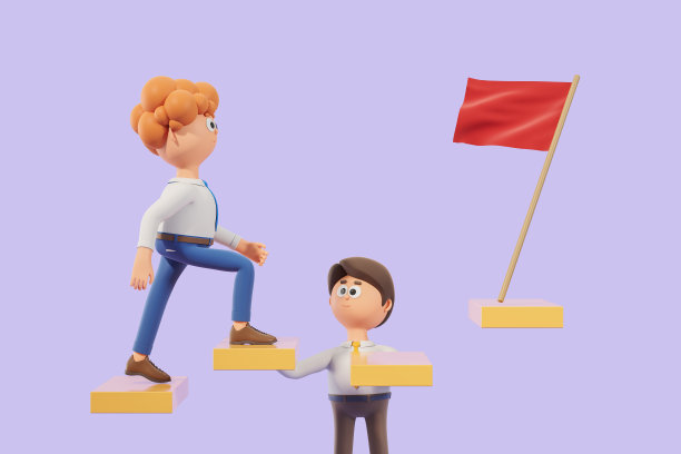 3 d渲染。卡通人帮助同事达成目标，红旗和楼梯图片下载