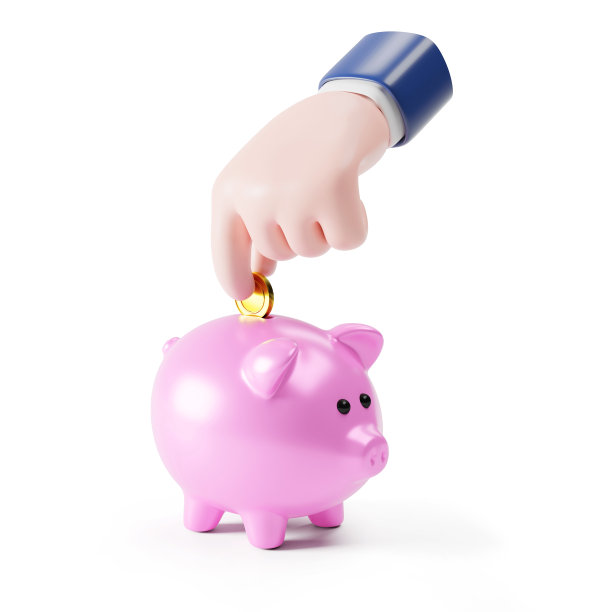 卡通手把金币放进粉红色的扑满图片下载