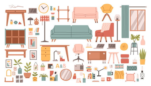 客厅内部平面风格的家居元素设置孤立在白色上。矢量沙发，扶手椅，架子插图图片下载