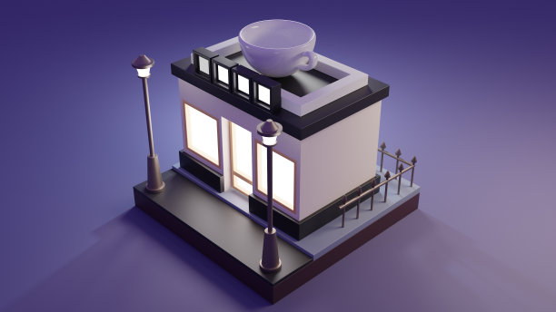 等距视图最小的咖啡馆和餐厅空间外部建筑插图与空的顶部名称空间盒子，3d渲染数字艺术图片下载