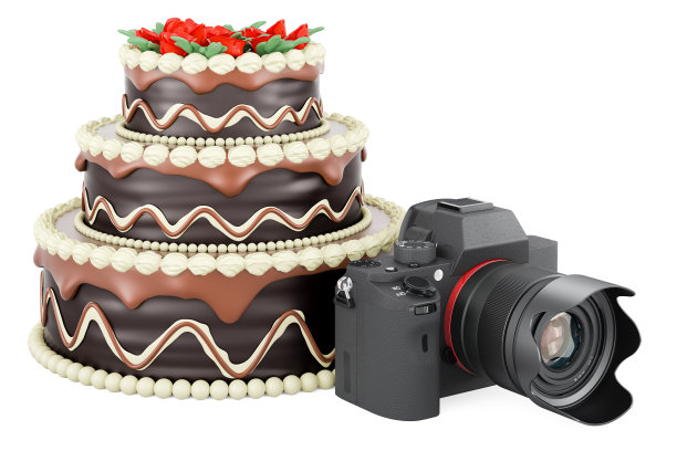 巧克力蛋糕配数码相机，3D渲染图片下载