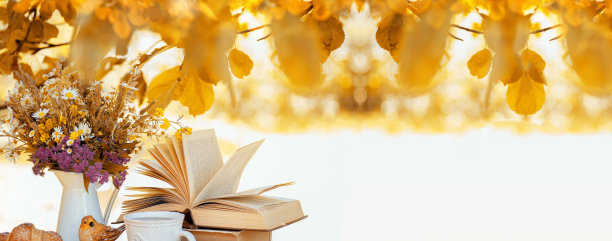 一束鲜花，牛角面包，一杯茶或咖啡，秋天花园里桌上的书。在花园休息，读书，早餐，度假在大自然的概念。花园里的秋天图片下载