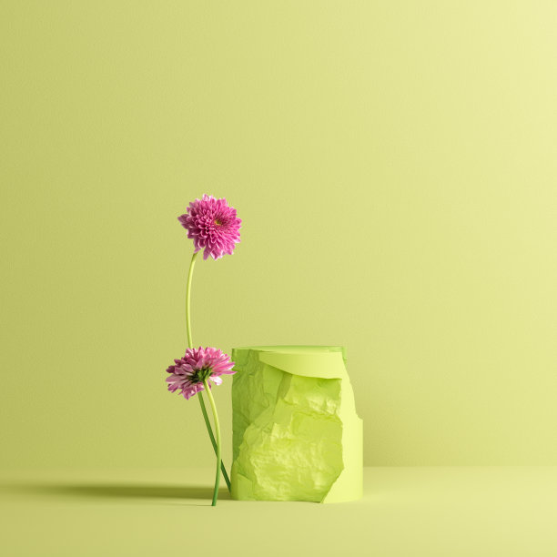 有机产品显示绿色3d渲染背景，石材元素和盛开的花朵装饰图片下载