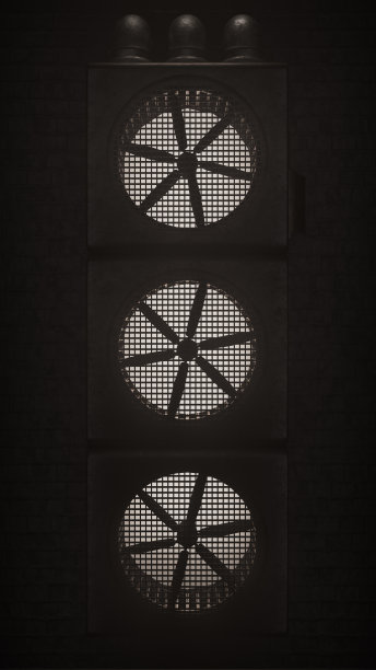 垂直堆叠3D垃圾金属蒸汽朋克工业风扇与砖墙背景图片下载