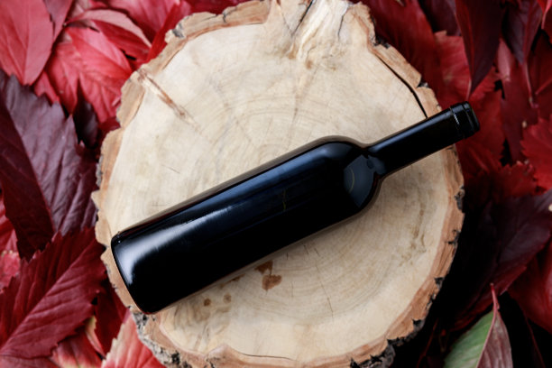 在一个被砍断的木桩上，树叶周围放着一瓶黑葡萄酒图片下载