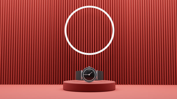 黑色写实腕表。3D渲染经典和现代商业手表与红色背景舞台，金属和皮革手镯。现代的手表图片下载