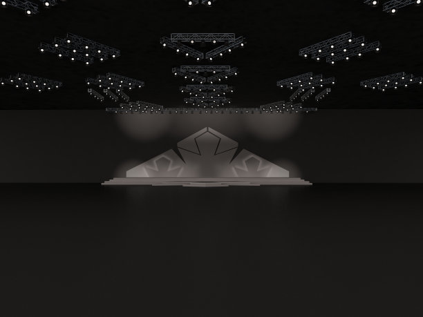 空的舞台正面视图，包括楼梯。与金字塔背景设计。天花板上的焦点。定制的设计。室内大厅。三维渲染图图片下载