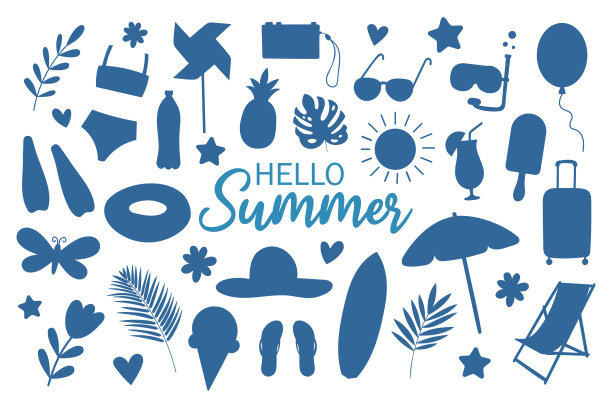 暑假沙滩元素集。你好，夏天的字母。剪影矢量插图。图片下载