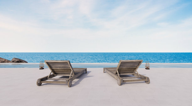 海滩别墅，酒店度假村只有池畔和椅子向外看，游泳池靠近大海和天空，完美的放松。豪华3d渲染海景。图片下载