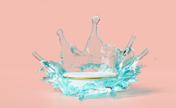 3d舞台讲台空与水飞溅透明，几何化妆品推广，美容产品，展示台座隔离在粉红色的背景。最小的现代场景，3d渲染插图图片下载