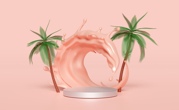奶油飞溅与舞台讲台空，几何化妆品促销，美容产品，展示台座，棕榈树孤立在粉红色的背景。最小的现代场景，3d渲染插图图片下载
