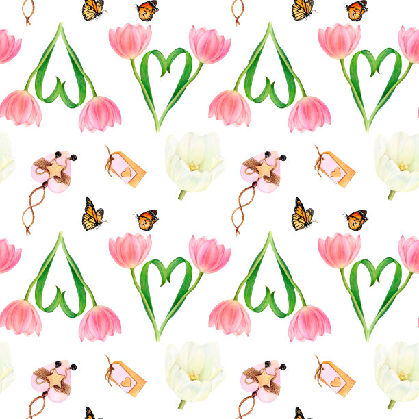 水彩画方形图案与美丽的粉红色郁金香花束，分离的花朵，蝴蝶，名片，心图片下载
