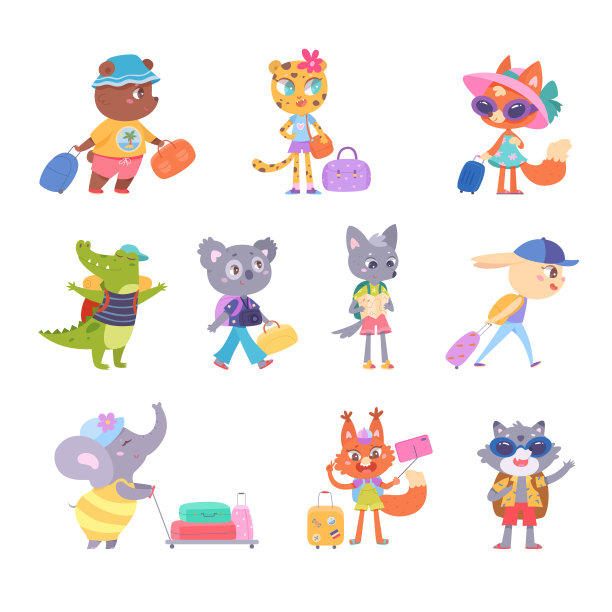 动物与行李旅行集矢量插图。卡通孤立有趣的人物用行李收集，快乐熊考拉猫狼兔子狐狸鳄鱼浣熊大象用包和手提箱图片下载