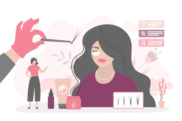 美容院的女顾客。睫毛制作美容程序。假睫毛制作治疗，美容贴假睫毛，眉毛贴膜手术。时尚，小生意。图片下载