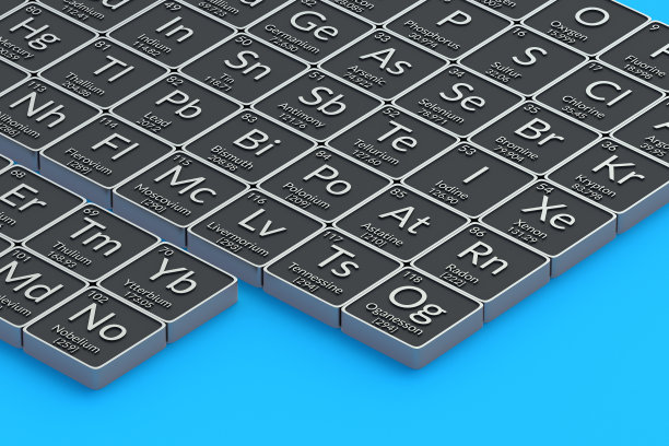 蓝色背景的元素周期表。科学发展。化学符号。科学和教育。化学研究。三维渲染图片下载
