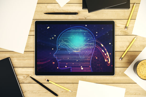 现代数码平板屏幕的俯视图与创意人头微电路。未来技术和人工智能概念。三维渲染图片下载