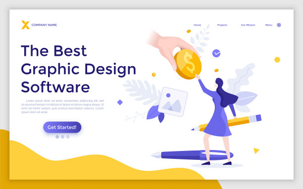 登陆页面模板与手握美元硬币，女人触摸它和艺术家绘图工具。平面设计软件概念，数字艺术。现代平面彩色矢量插图的网站。图片下载