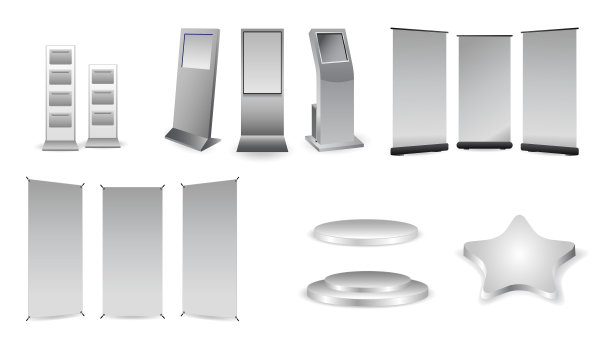 一套逼真的贸易展台或白色空白展台或企业商业展台。每股收益向量图片下载