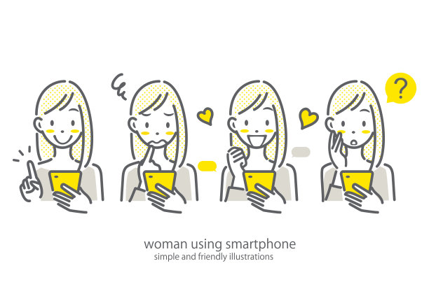 年轻女子使用智能手机，线条插图图片下载