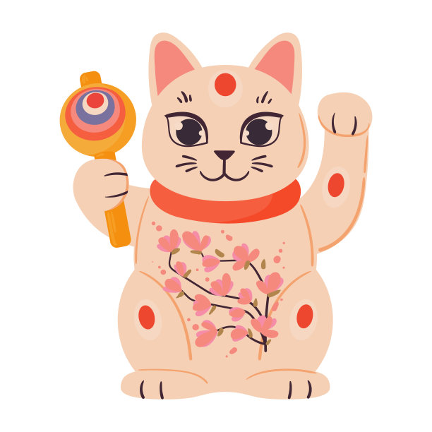 亚洲幸运猫。可爱的日本财富猫neko猫，传统的财富和财富猫玩具平面矢量插图图片下载