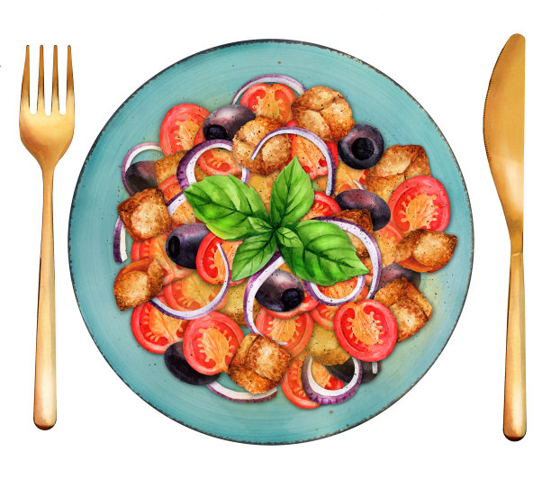 托斯卡纳沙拉配番茄和橄榄。水彩插图图片下载
