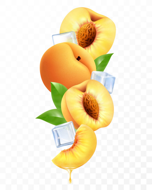 新鲜的桃子，冰块掉落或飞舞。组成元素桃子与树叶，整个桃子，一半和切片的桃子，三维逼真的矢量插图隔离在透明的背景图片下载