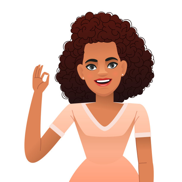 快乐的黑人年轻女子在做ok的手势。漂亮的非洲女孩，深色卷发。图片下载
