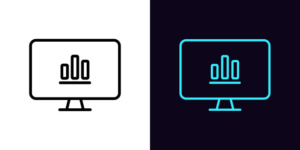 轮廓pc显示器图标，可编辑的笔画。监控屏幕带有条形图标志，显示数据报告。财务预测，统计信息和条形图结果图片下载