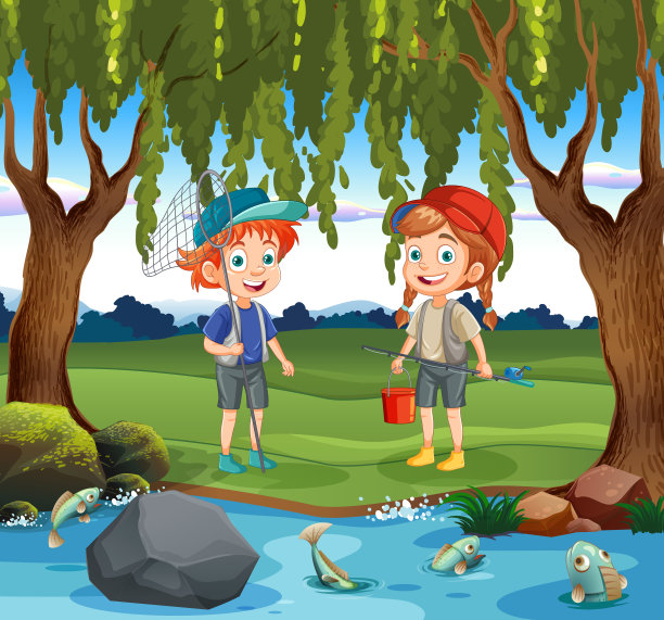 儿童卡通人物在森林场景中探索池塘图片下载