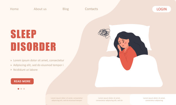 睡眠障碍登陆页面模板。疲倦的女人患失眠。失眠的女性角色躺在床上思考问题。矢量插图在卡通风格。绝经期的概念图片下载