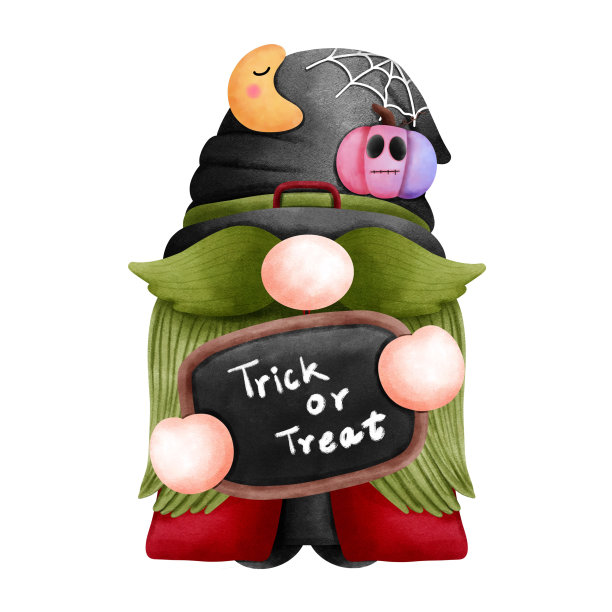 万圣节侏儒插图。可爱的侏儒男孩不给糖就捣蛋，新月和南瓜孤立在白色的背景。图片下载