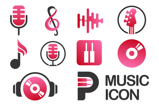 音乐的标志。频谱，黑胶唱片，吉他，音调，麦克风和耳机图标集。矢量插图图片下载