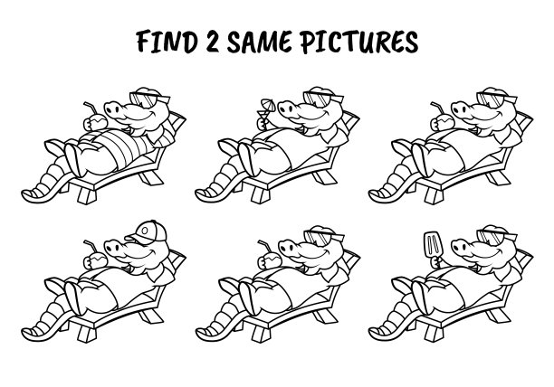 鳄鱼躺在躺椅上，戴着眼镜，喝着鸡尾酒。找出两张相同的图片。图片下载