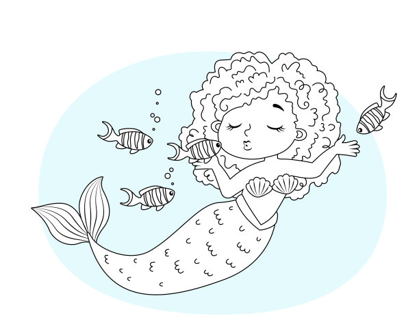 黑色和白色矢量着色儿童。美丽的美人鱼女孩的插图图片下载