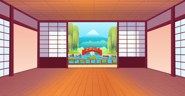 日式房间，有一个大窗户，桌子上有杯子和茶壶，花园景观，风扇，盆景。日本茶道。美丽的日本自然，红桥，睡莲湖。卡通风格。图片下载