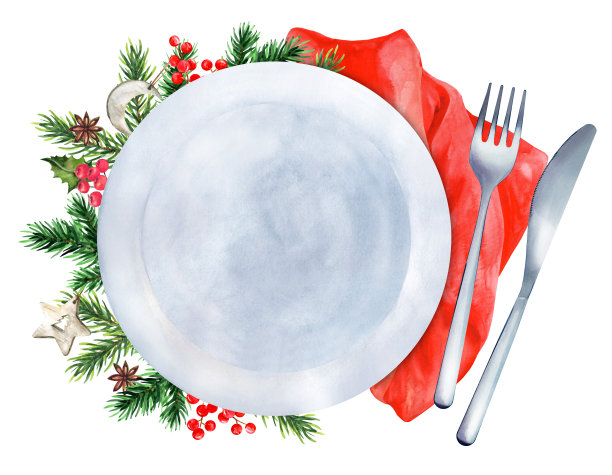 白色背景的圣诞餐桌布景。水彩插图图片下载