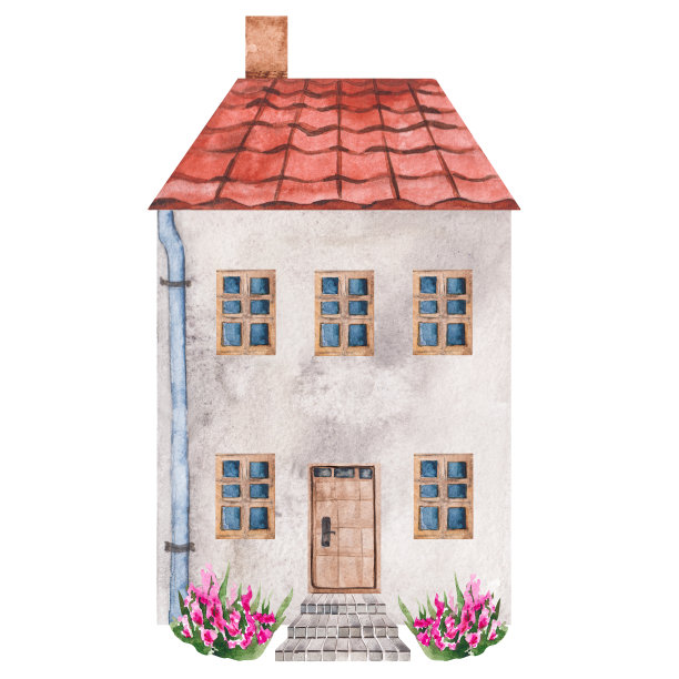 水彩房子，有门有窗，有瓦片屋顶，有楼梯和花盆。白色背景上孤立的剪贴画。用于明信片、书籍、海报、儿童房的插图。图片下载