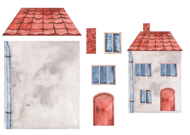 水彩房子，有门有窗，有瓦片屋顶，有楼梯和花盆。白色背景上的一组元素。用于明信片、书籍、海报、儿童房的插图。图片下载