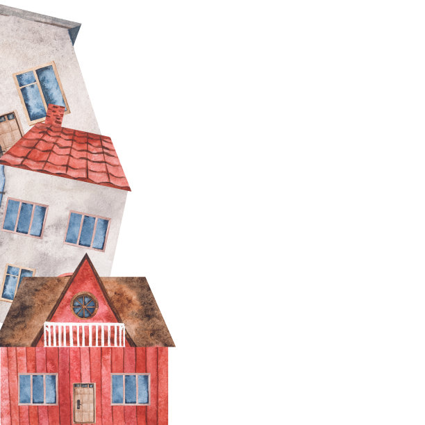 水彩框架与可爱的房子在一个白色的背景。一面是明信片模板。用于封面，包装，标签的建筑剪贴画图片下载