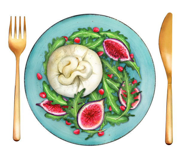无花果沙拉配绿叶和布拉塔奶酪。水彩插图图片下载