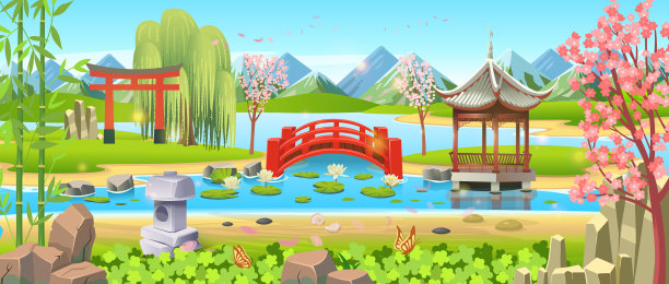 日式花园，有河，有湖，有红桥，有拱廊，有樱花，有石灯笼。风景优美，景色卡通。图片下载