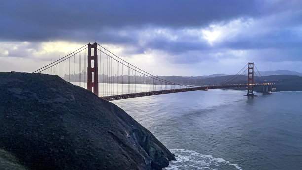 美国旧金山炮台斯宾塞的金门大桥全景照片。美国加利福尼亚州的标志性桥梁。图片下载